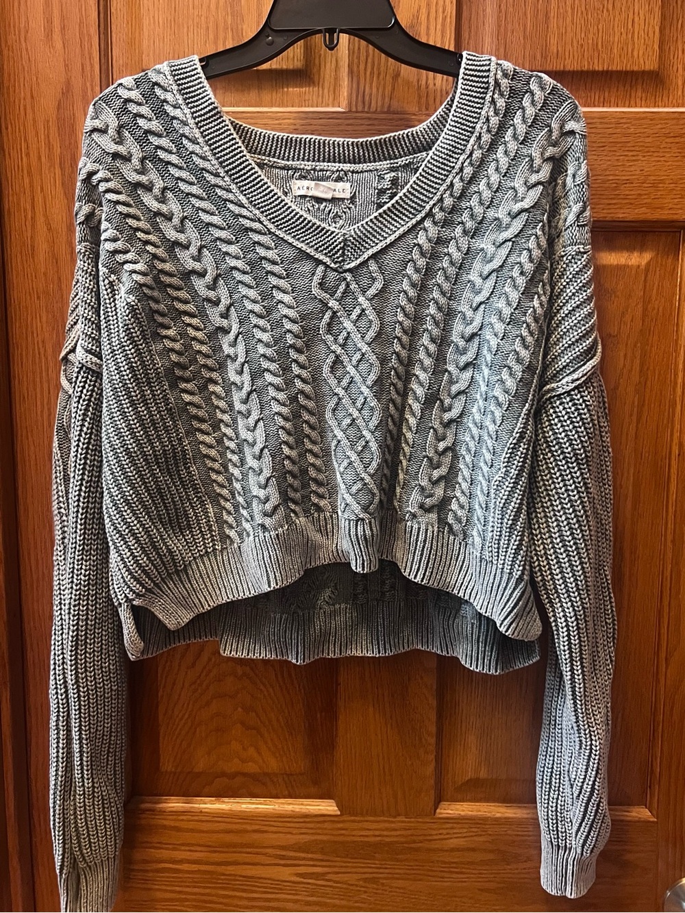 Aeropostale Gray Cropped Cable-Knit V-Neck Sweater
